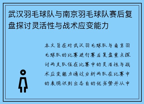 武汉羽毛球队与南京羽毛球队赛后复盘探讨灵活性与战术应变能力