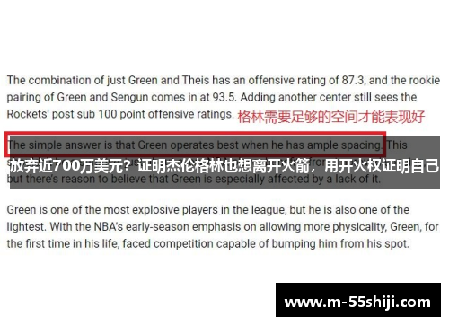放弃近700万美元？证明杰伦格林也想离开火箭，用开火权证明自己